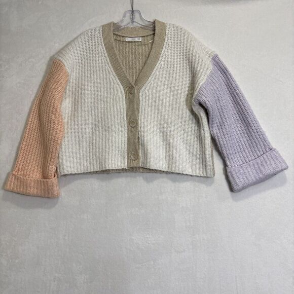 MNG MANGO Women's Knit Cropped Color Block Cardigan Sweater Alpaca Wool Blend - Picture 1 of 15